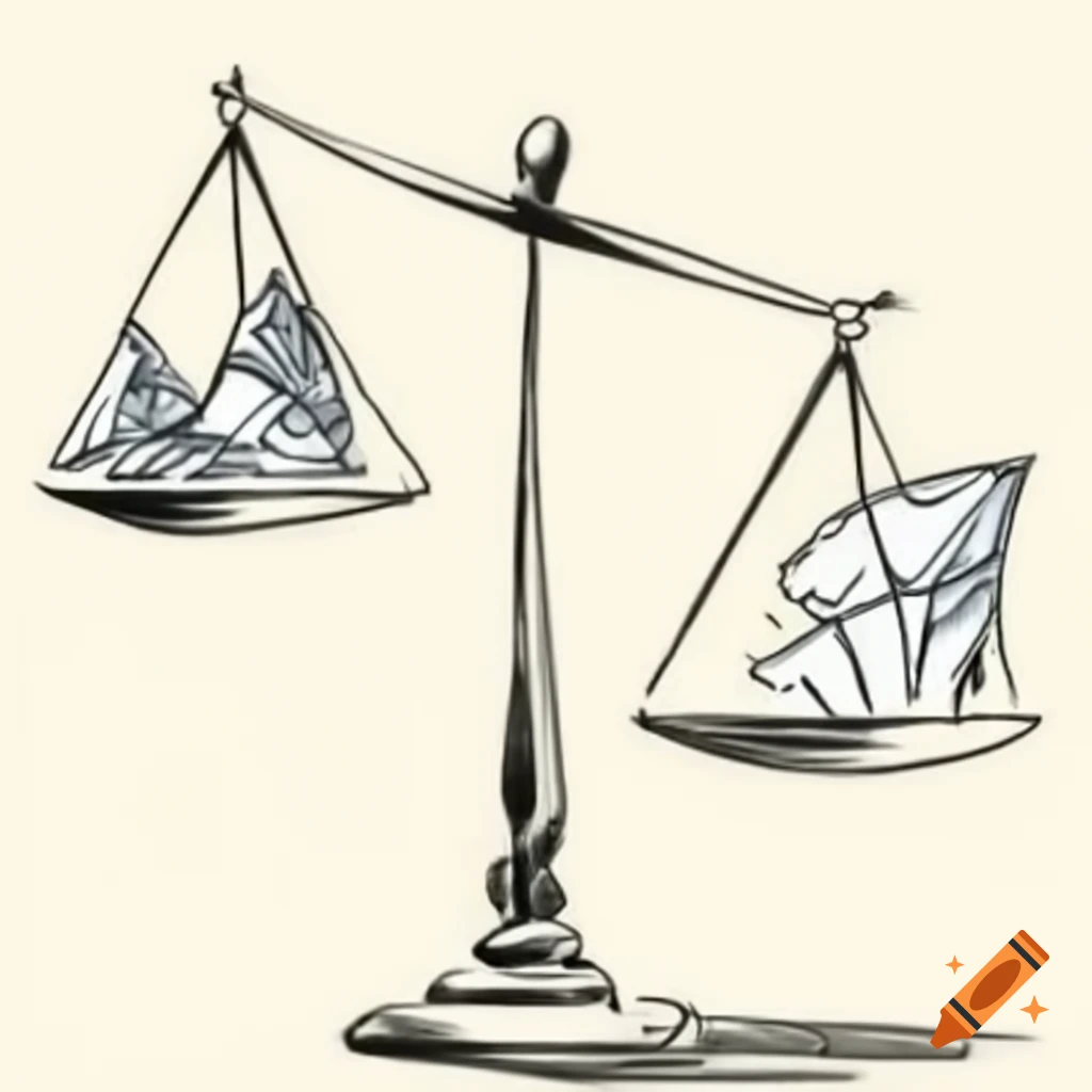 Sketch of a scale balancing risk and reward on Craiyon