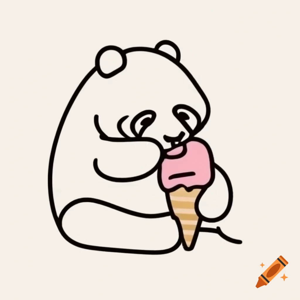 Minimalist line art of panda enjoying ice cream
