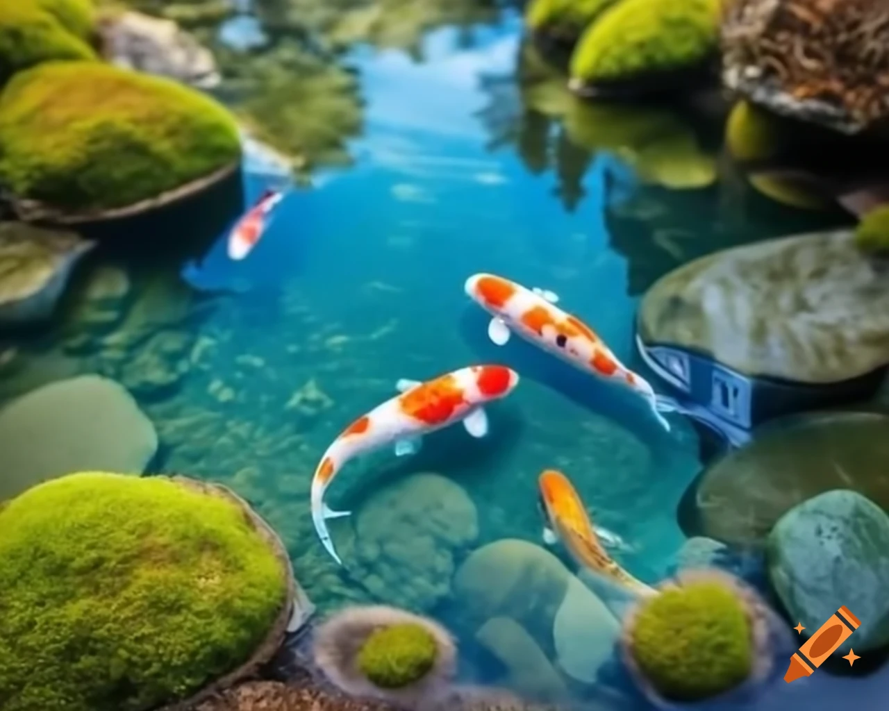 Koi swimming in clear lake with waterfall over moss-covered rocks
