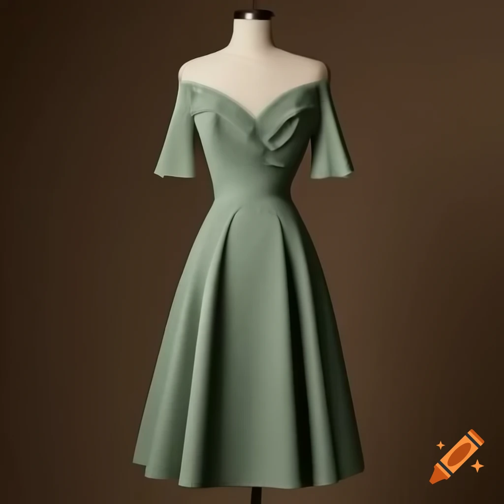 Elegant knee-length sage green dress with off-the-shoulder sleeves and A-line skirt