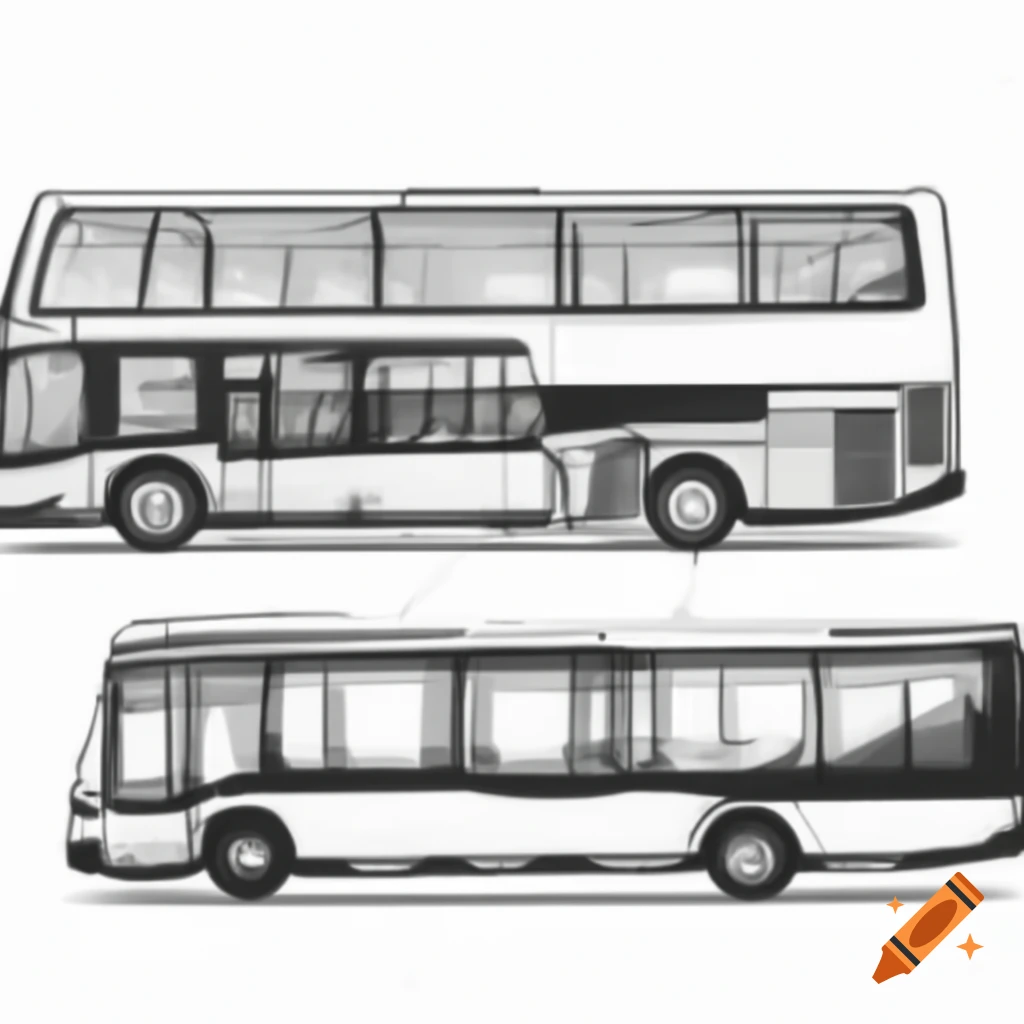 Detailed sketches of a modern double-decker bus showing all sides