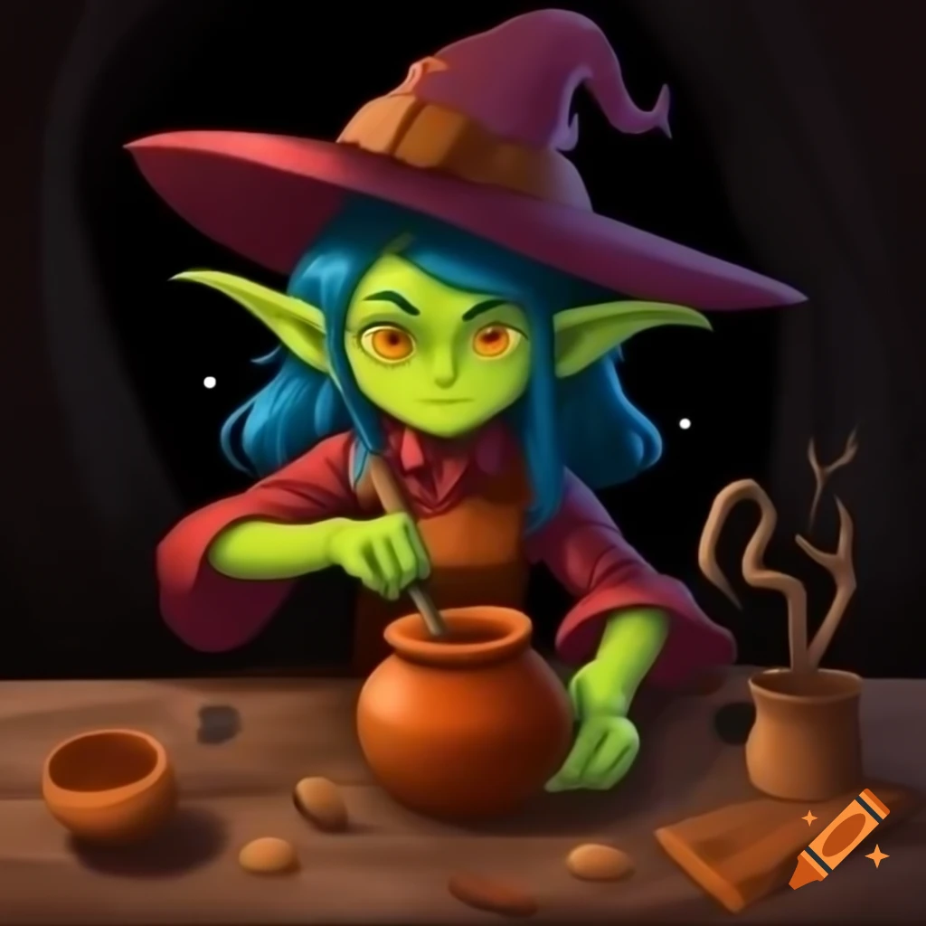 Goblin witch girl crafting potions