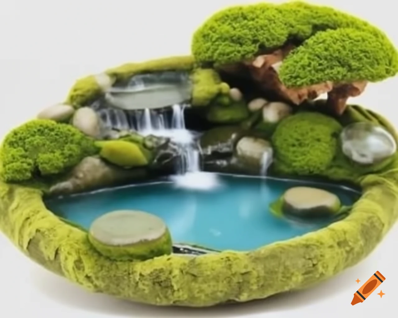 Zen koi lake with mossy miniature waterfall