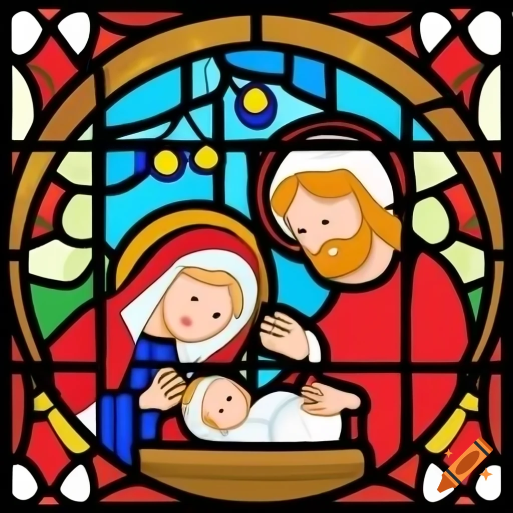 Cartoon Christmas nativity scene with Mary, Joseph, and baby Jesus in  vibrant stained glass style on Craiyon, image size:1024x1024