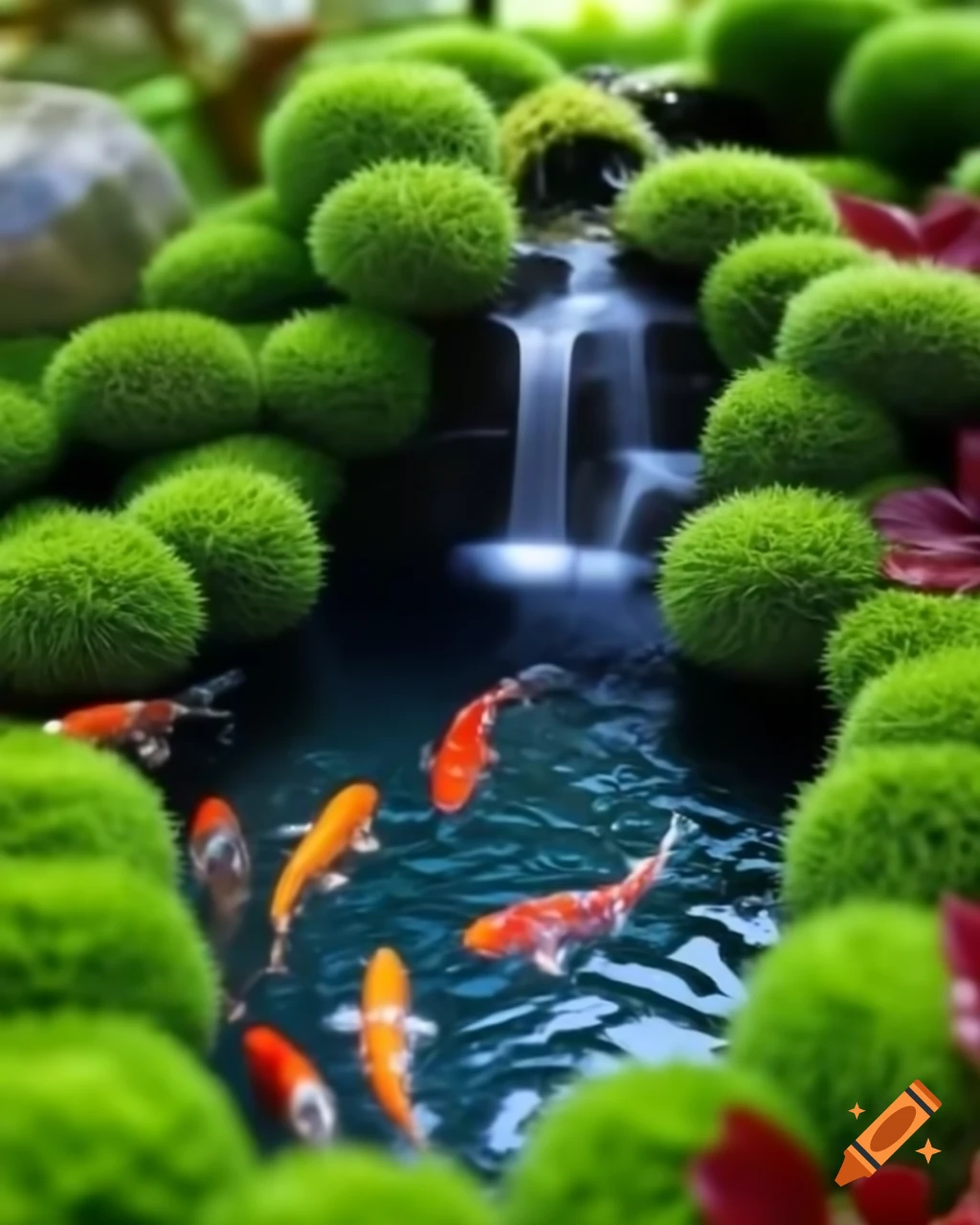 Beautiful lake with mossy mini waterfall and koi fish