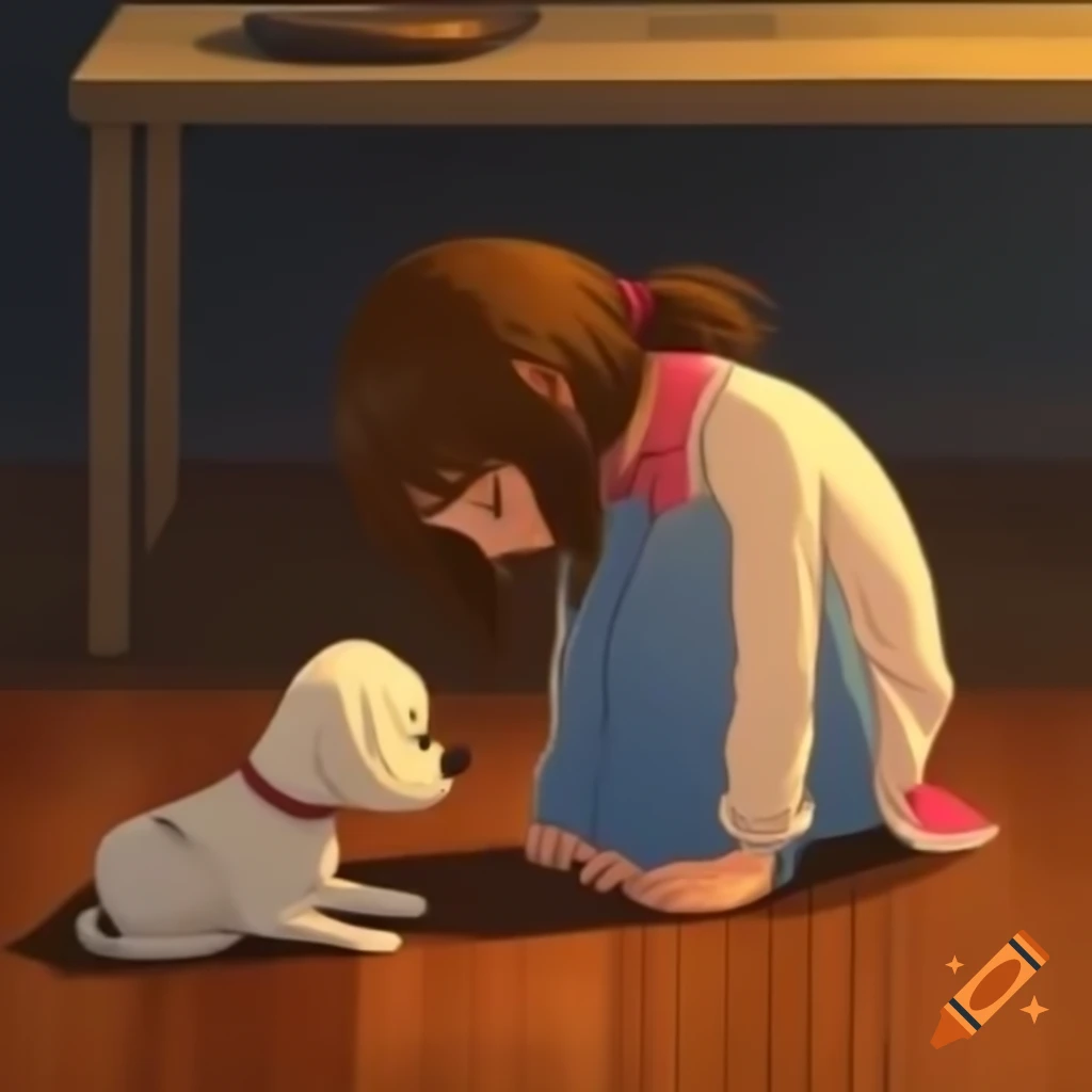 Anime girl with brown fur crawling towards dog bowl on wooden floor