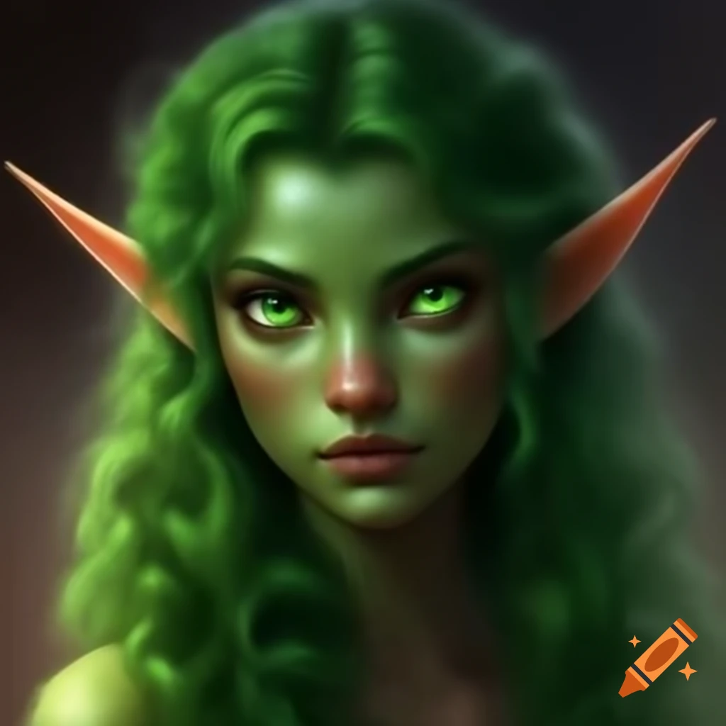 Elven woman with green skin and hair, wearing a brown sleeveless dress ...