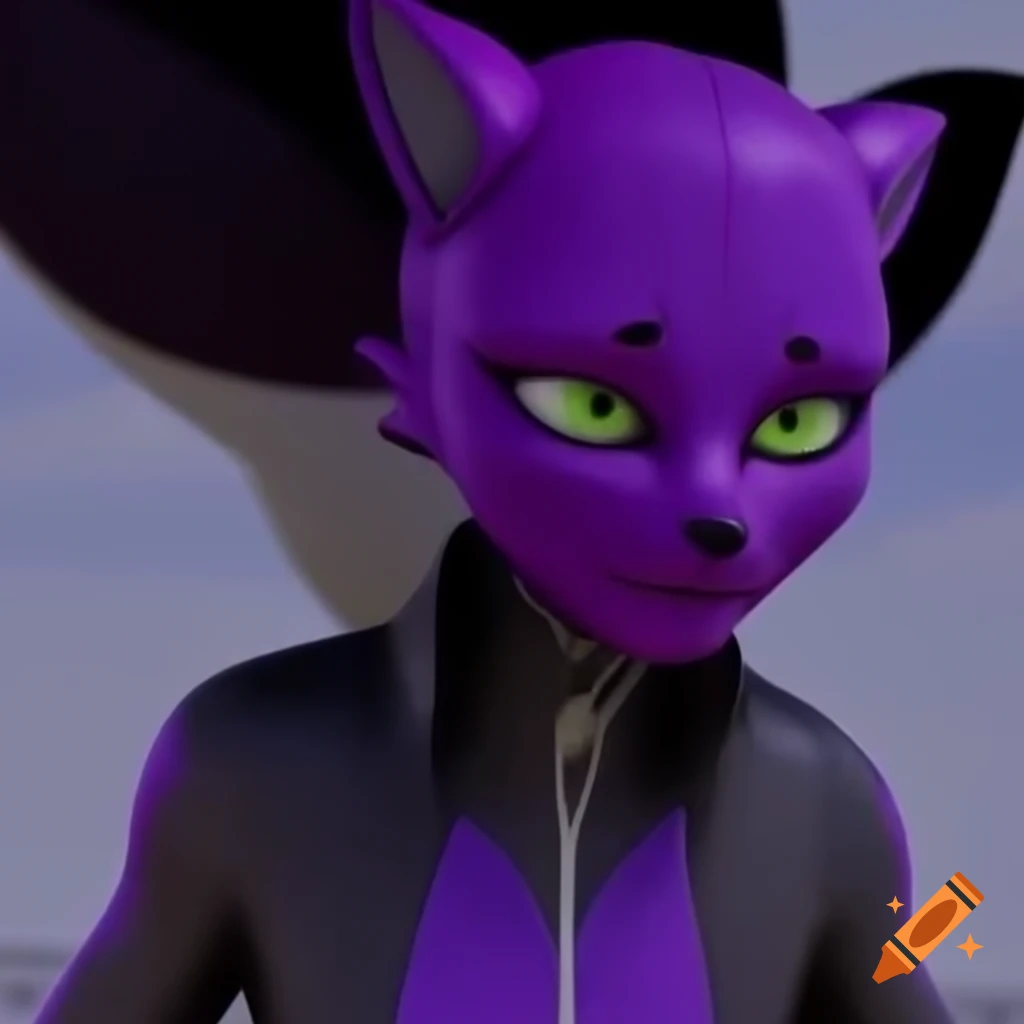 Female anthropomorphic fox yokai villain with skin-tight suit and purple lipstick