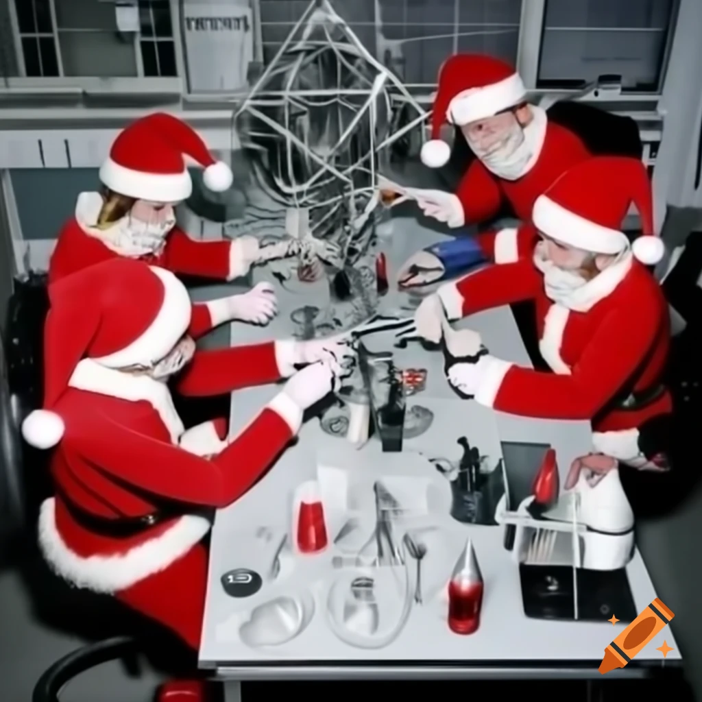 Elves in high-tech workshop creating magical serum amidst holiday decor ...