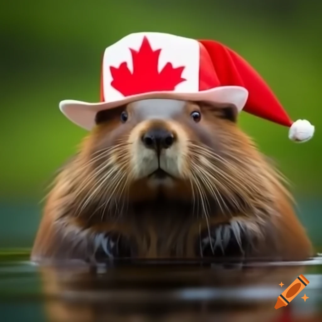 Beaver wearing a Canadian hat