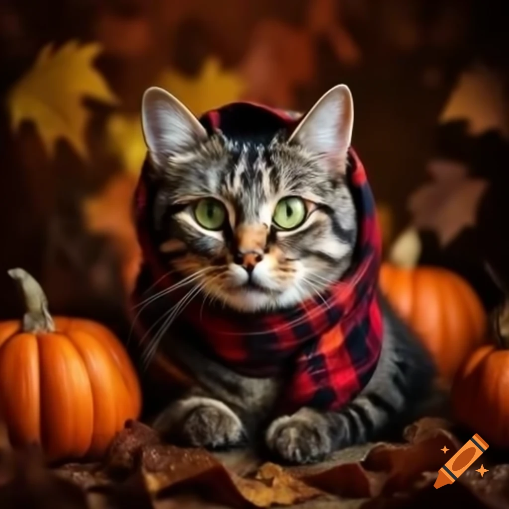 Cat in plaid scarf surrounded by pumpkins and fall leaves, high detail