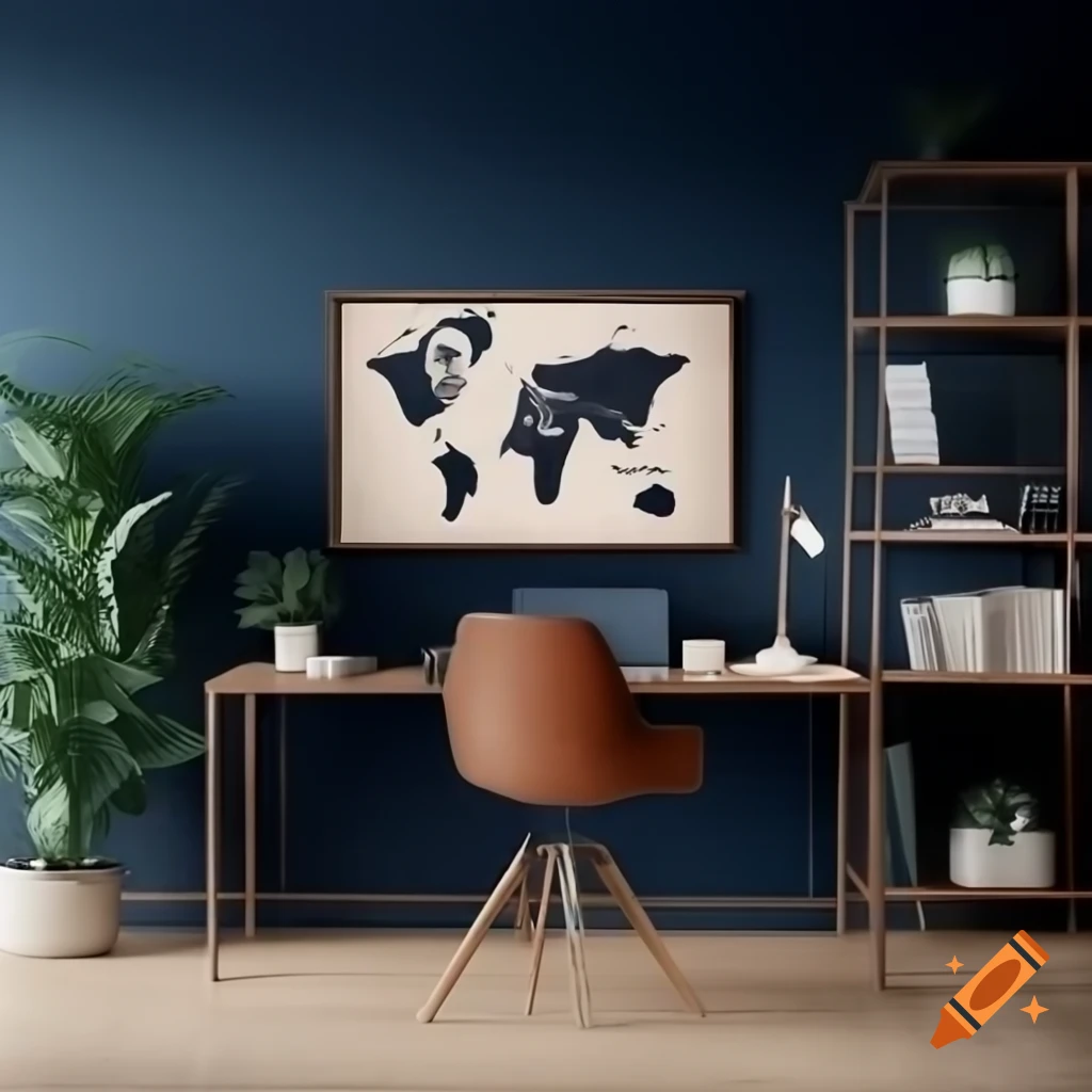 Professional modern office room with dark navy blue walls on Craiyon