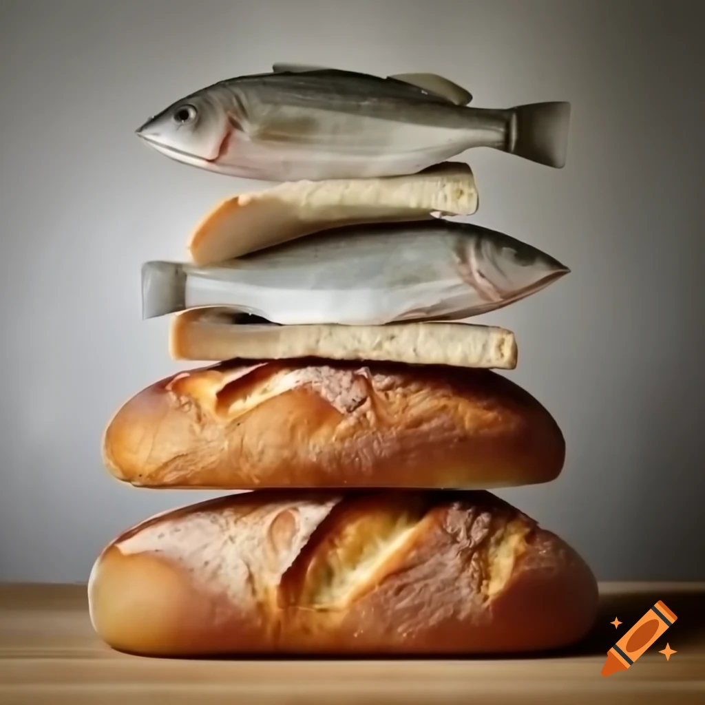 Five loaves of bread and two fish on a table on Craiyon