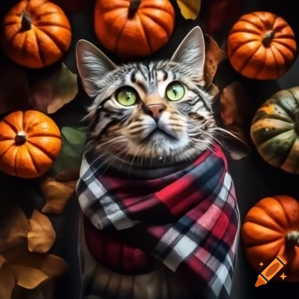 Cat in plaid scarf surrounded by pumpkins and fall leaves, high detail