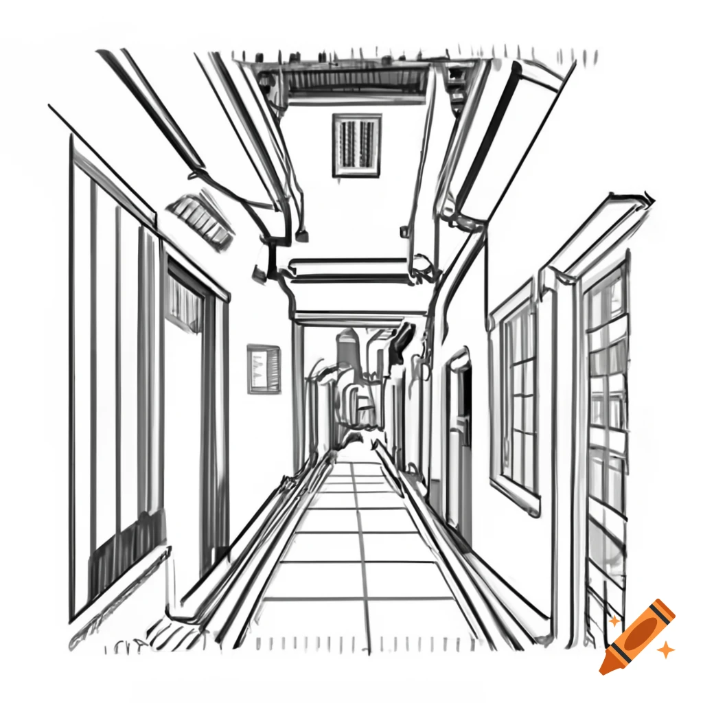 Low detailed black and white linework sketch of a residential village hallway