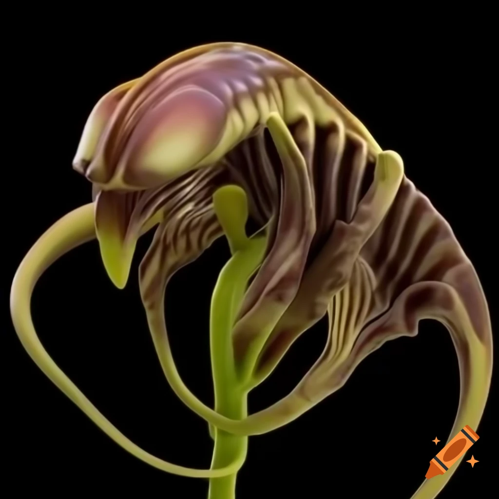 Biomechanical black orchid with iridescent exoskeleton reminiscent of HR Giger's xenomorph