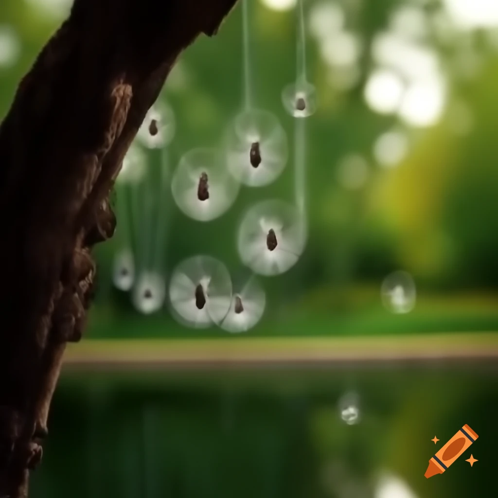 Spiders in webs hanging from tree by pond in morning