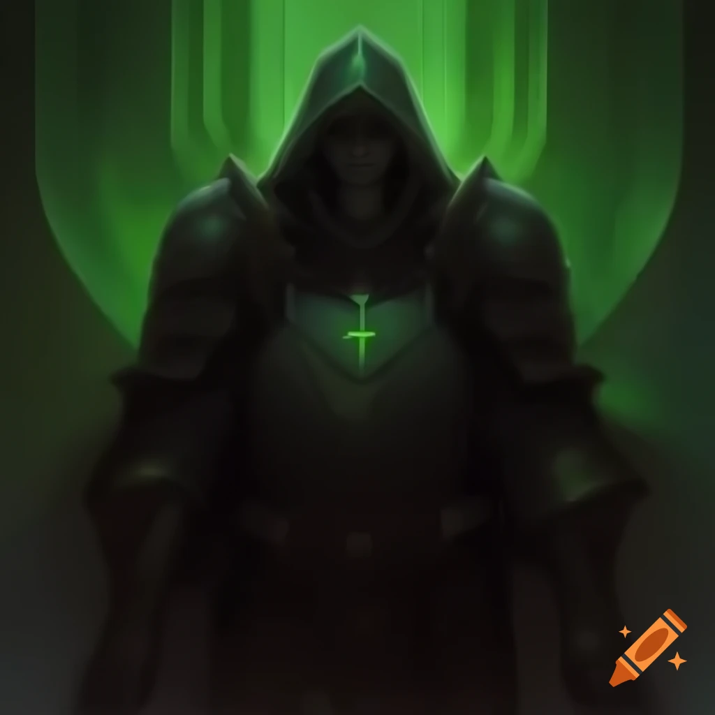 Tall figure in dark knight armor with green glow and metal mask on Craiyon