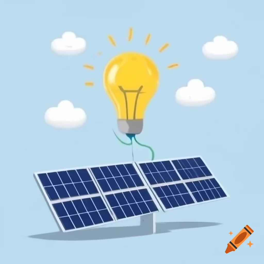 Cartoon bulb connected to solar panel with wire on clear background