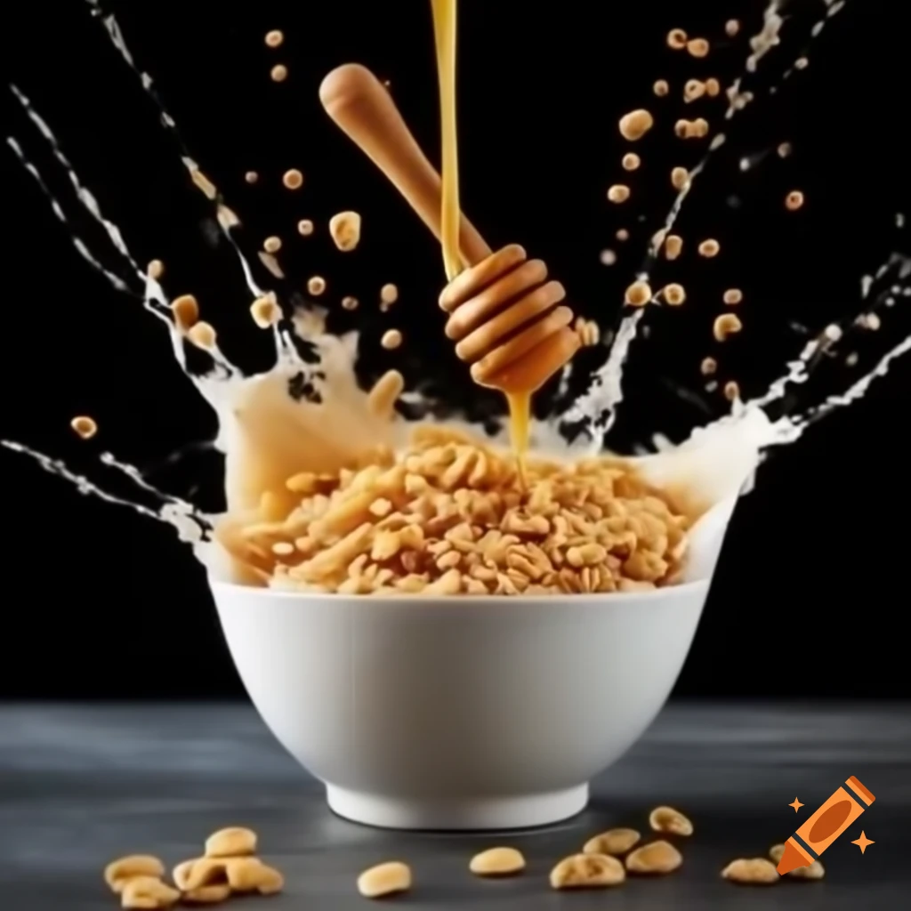 Honey oat clusters in bowl with milk splashing, cereal box style