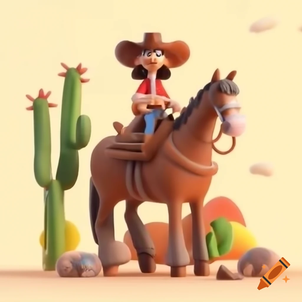 Cartoon cowboy with big hat alongside horse and cactus