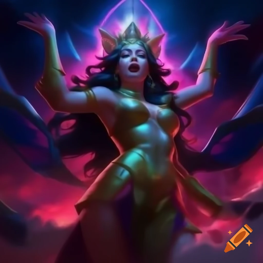 Digital goddess in shimmering armor poses in vibrant neon dreamscape on ...