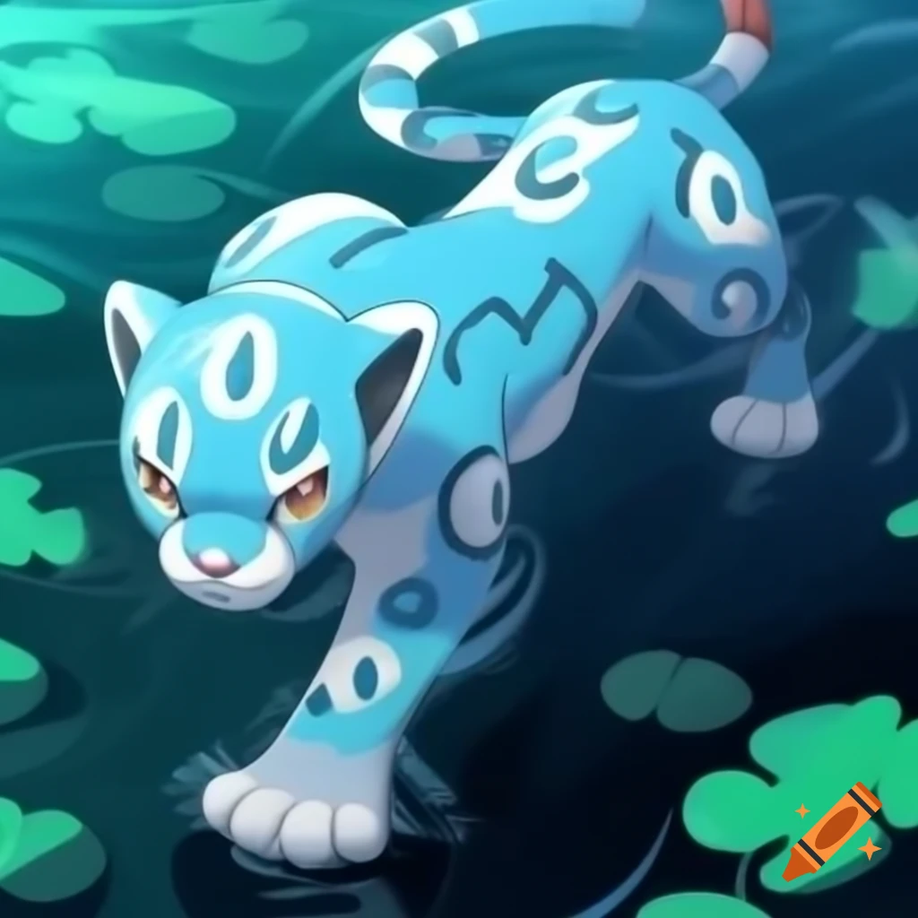 Jaguar Pokémon with blue and white patterns hunting in water