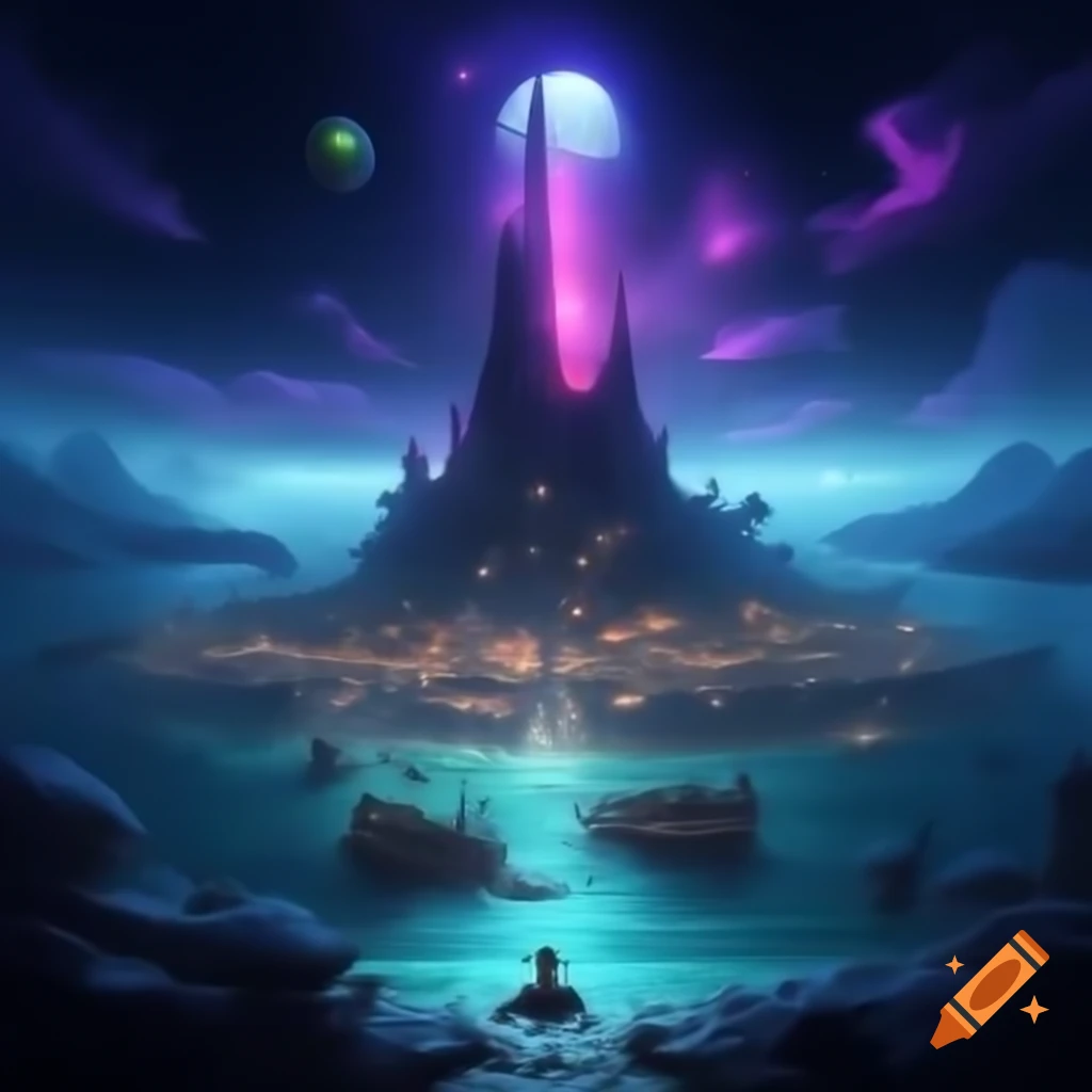 Alien city on ocean cliffs glowing under twilight sky with twin moons