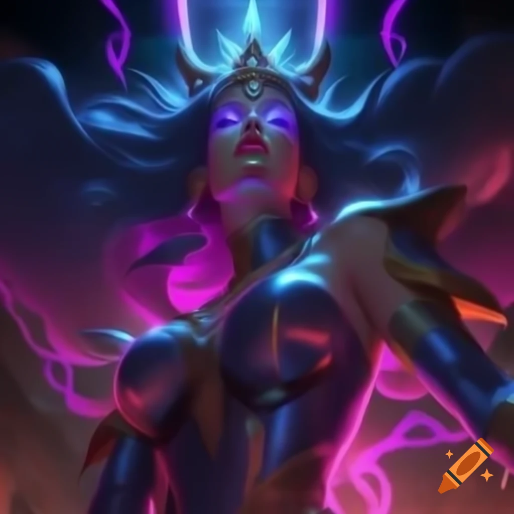 Powerful digital goddess in armor poses in vibrant neon dreamscape