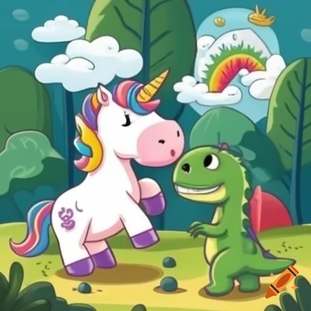 Unicorn and dinosaur in a whimsical setting on Craiyon