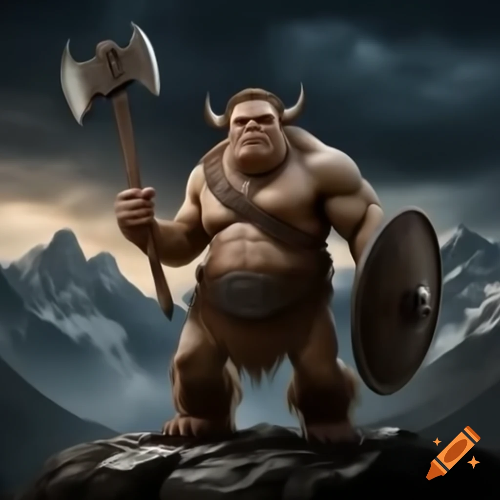 Friendly goliath humanoid in oil painting with greataxe and shield ...