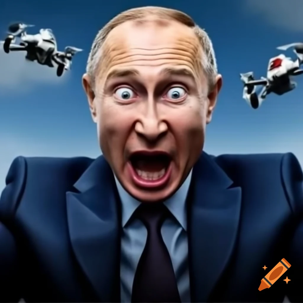 Shocked expression of a man in dark blue suit with drone overhead