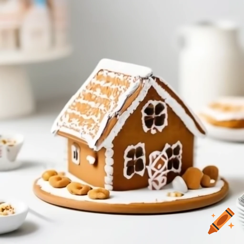 Gingerbread house diorama with toast and crunch cereal on white background