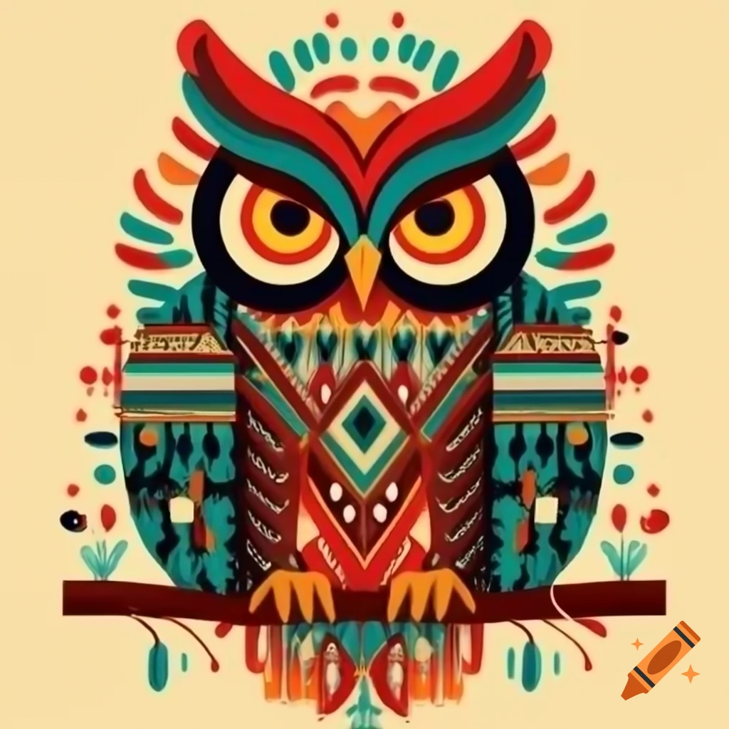 Intricately designed tribal-inspired owl with geometric patterns perched on a branch
