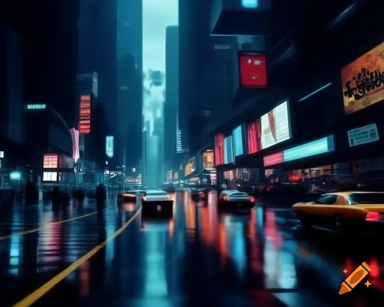 Ultra-realistic cyberpunk cityscape with retro-futuristic cars and vibrant life