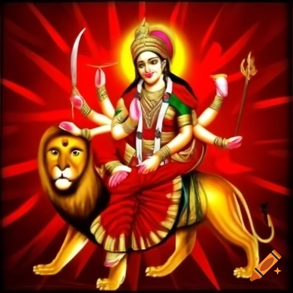 Goddess Durga on lion representing strength and empowerment with bold colors