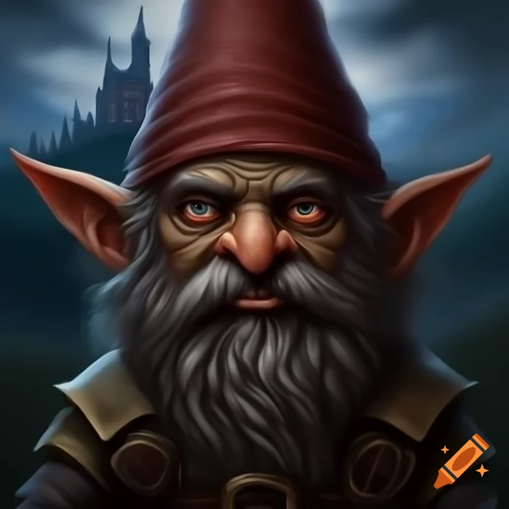 Dark fantasy gnome contemplating outside a castle