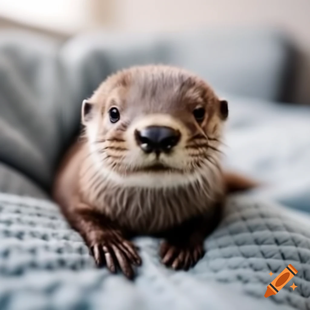 Baby otter in a cozy apartment environment