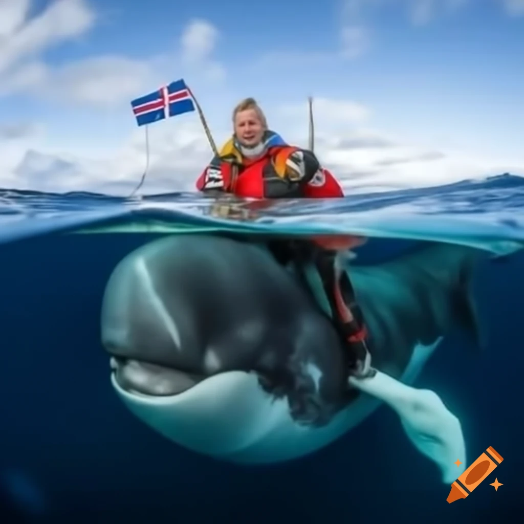 Chubby bearded Icelander riding friendly pilot whale with Icelandic flag