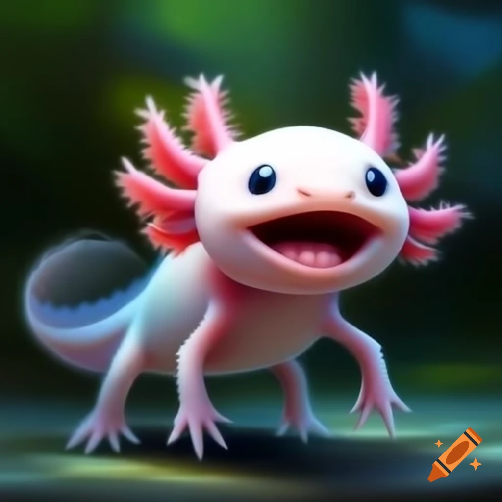 Cheerful axolotl with large gills and bright smile