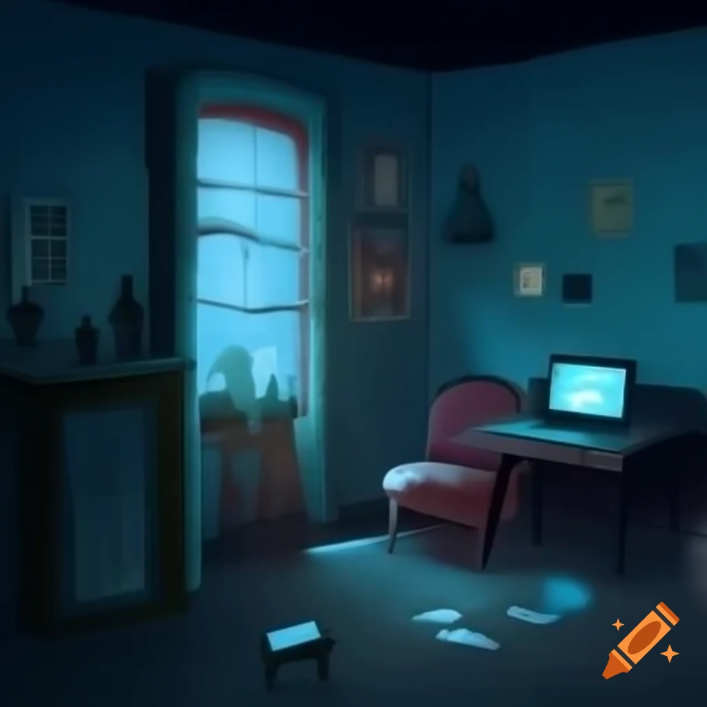 Cozy dimly lit room with vintage decor and rainy street view at night