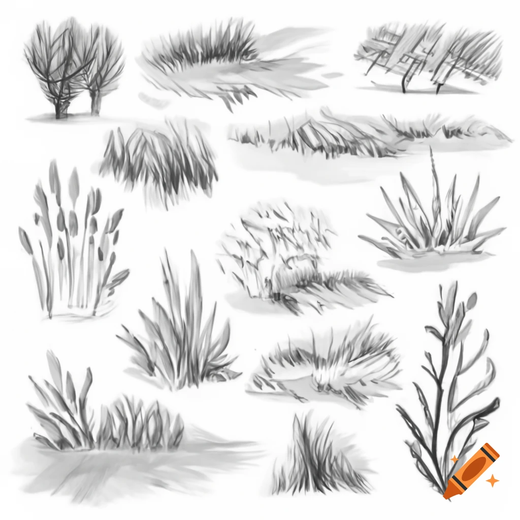 Black and white sketches of an overgrown stream and vegetation with smudges