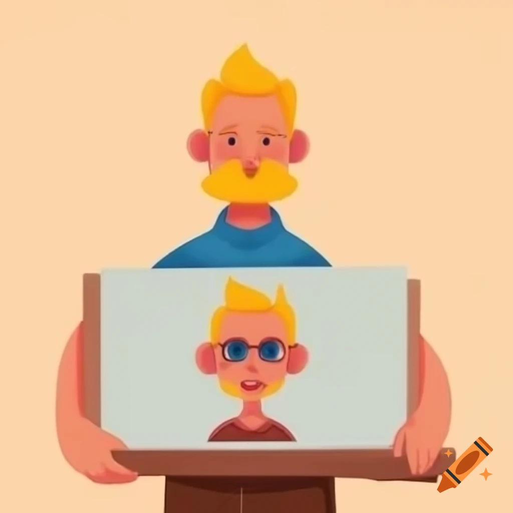 Blond middle-aged male artist showcasing latest drawing