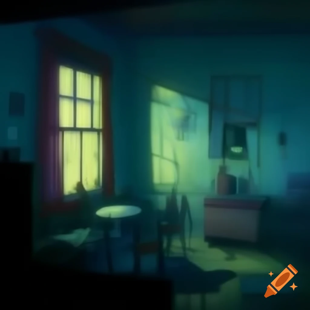Cozy dimly lit room with vintage decor and rainy street view at night