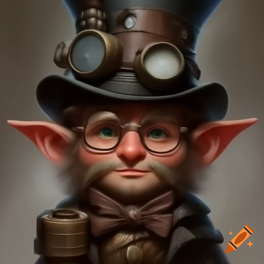 Young male gnome artificer in steampunk style with top hat and glasses