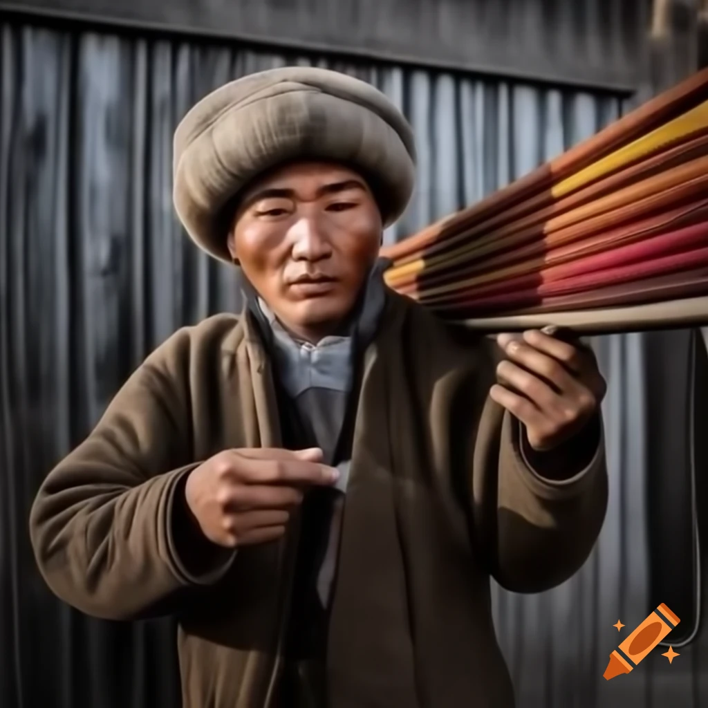 Kyrgyz man in a candid moment interacting with a pencil case