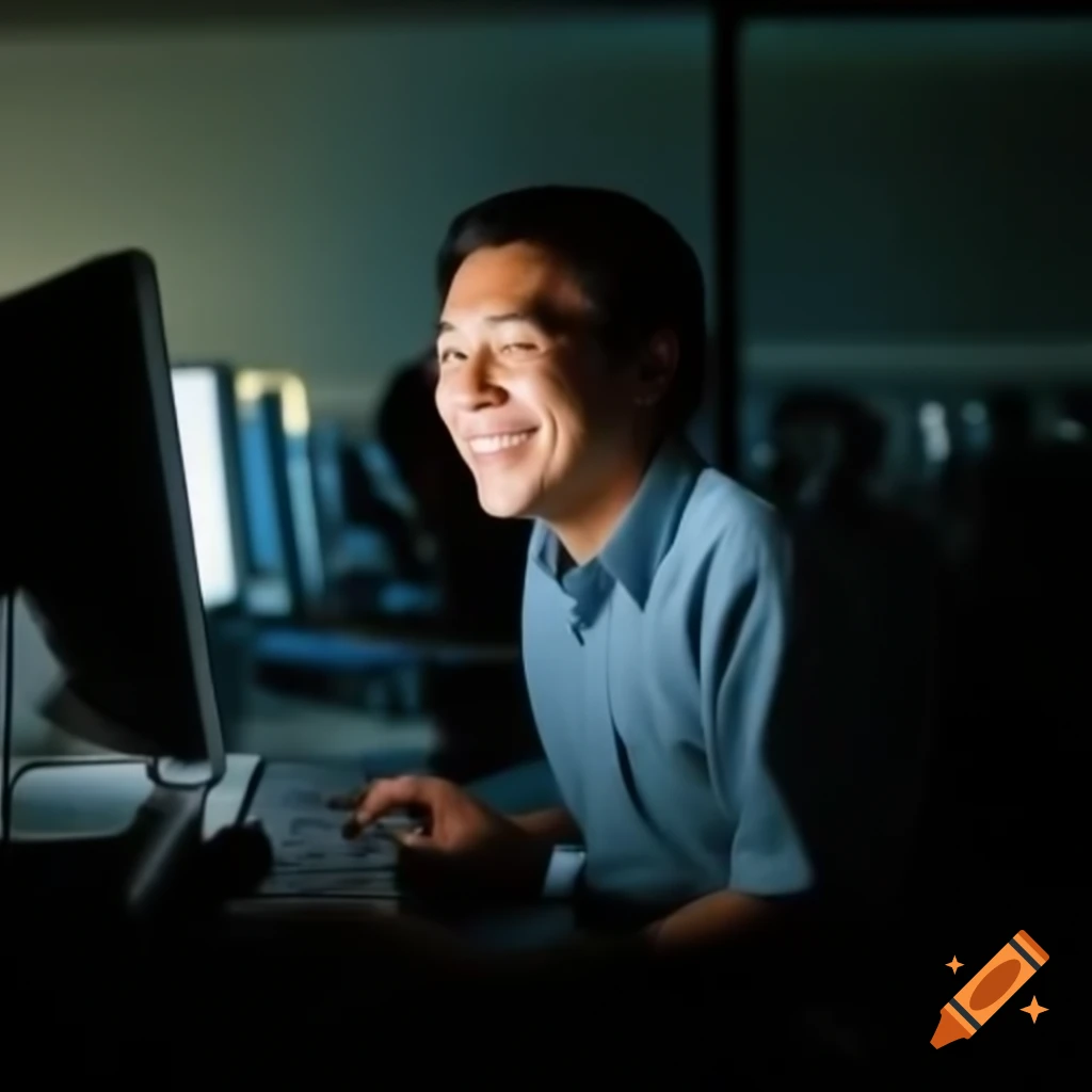 Man smiling at computer, representing technology and positivity