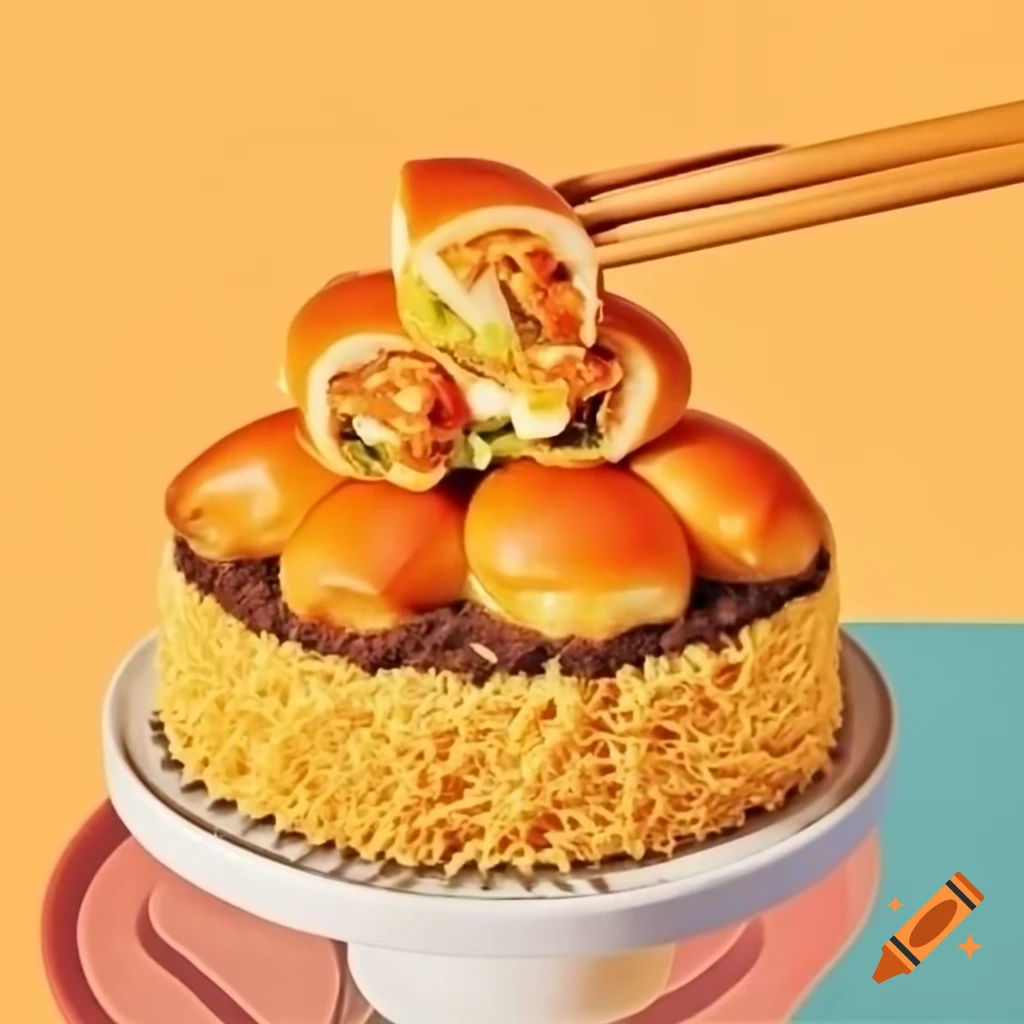 Noodle cake topped with orange chicken and egg rolls