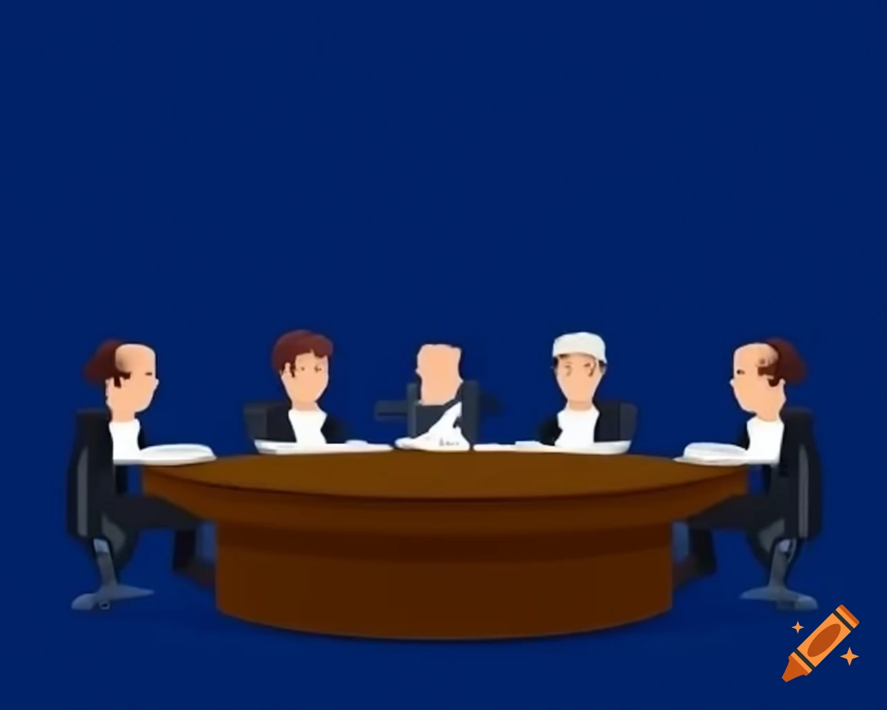 Lawyers in professional attire seated at cylindrical meeting table