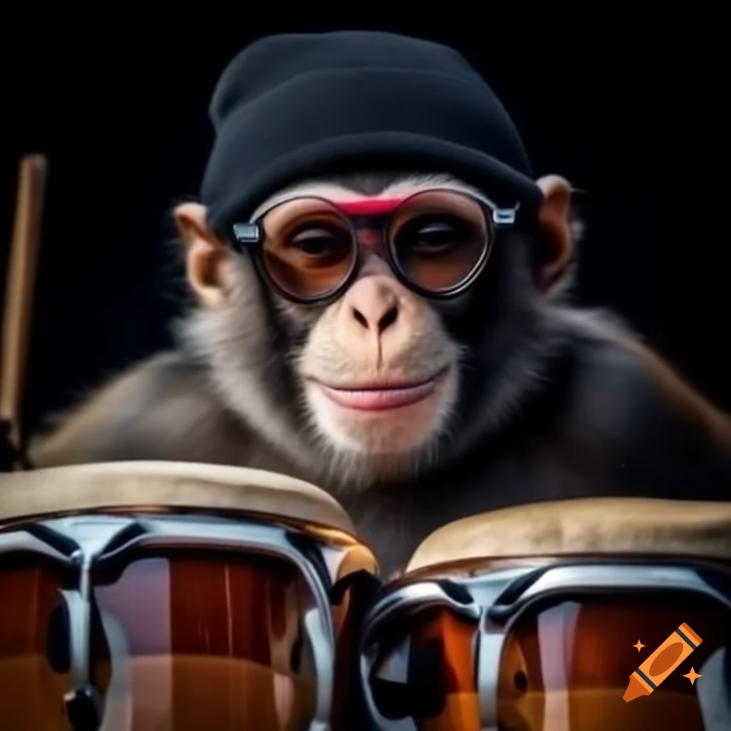 Monkey in beanie and sunglasses playing bongo on stage